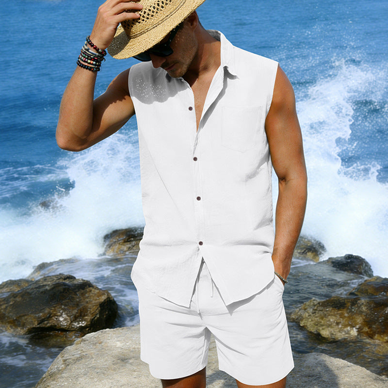 Mens Linen Sleeveless Shirt And Shorts Set