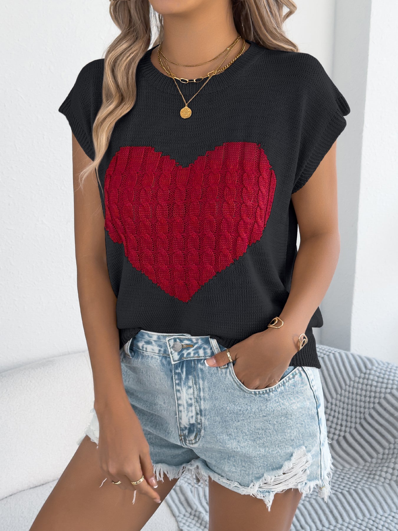 Women S Color Block Heart Loose Knit Valentine S Sweater Top