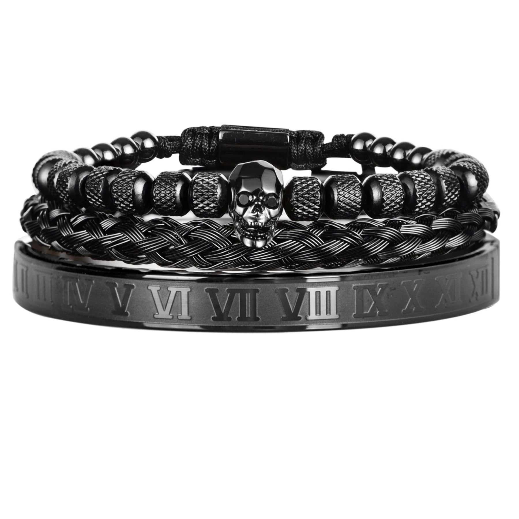 Cross-Section Ghost Head Braided Bracelet Set In Stainless Steel