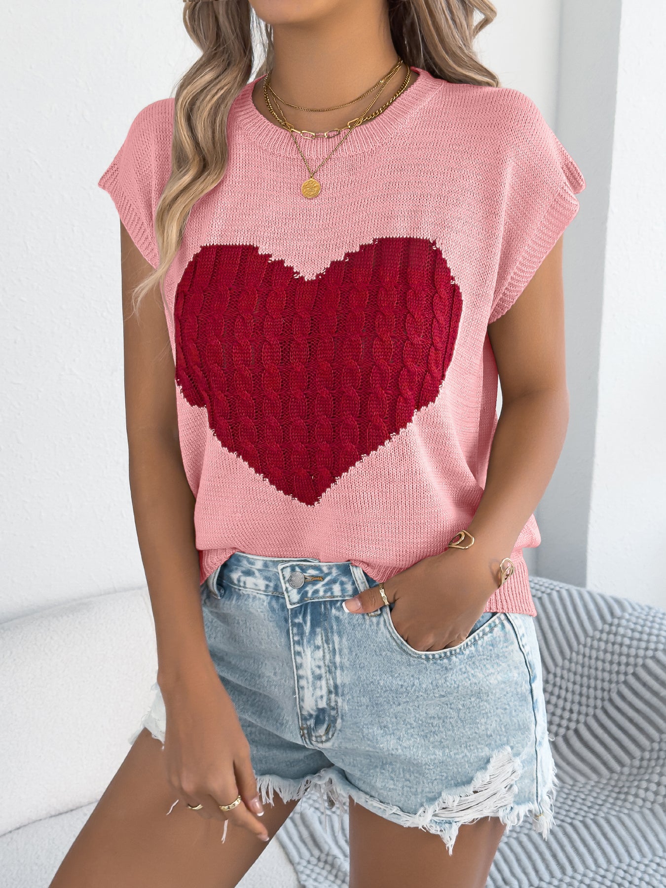 Women S Color Block Heart Loose Knit Valentine S Sweater Top
