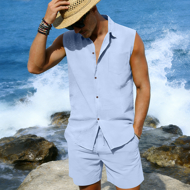 Mens Linen Sleeveless Shirt And Shorts Set