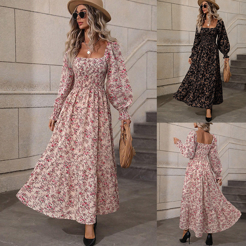 Womens Autumn Floral Square-Neck Long-Sleeve Dress