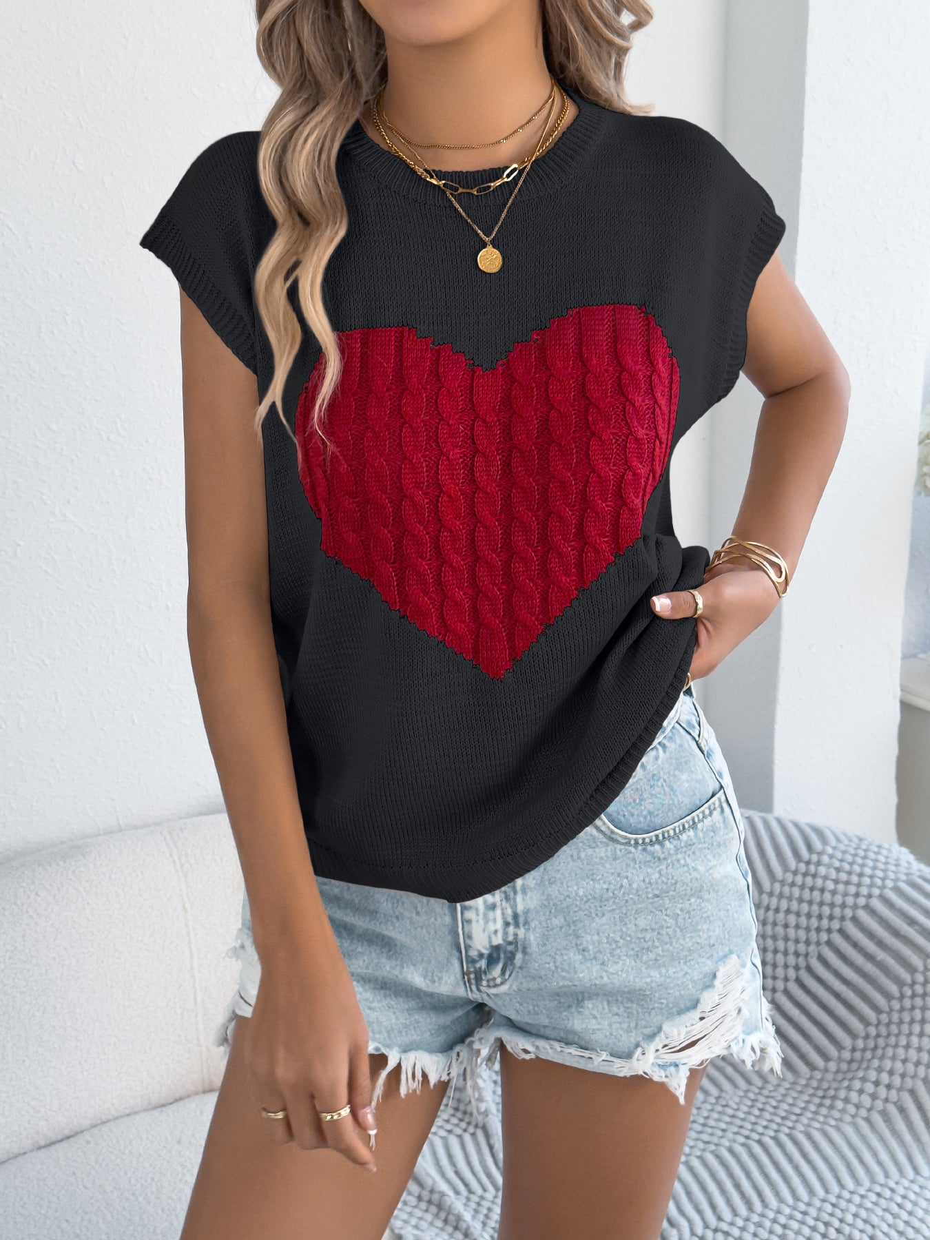 Women S Color Block Heart Loose Knit Valentine S Sweater Top