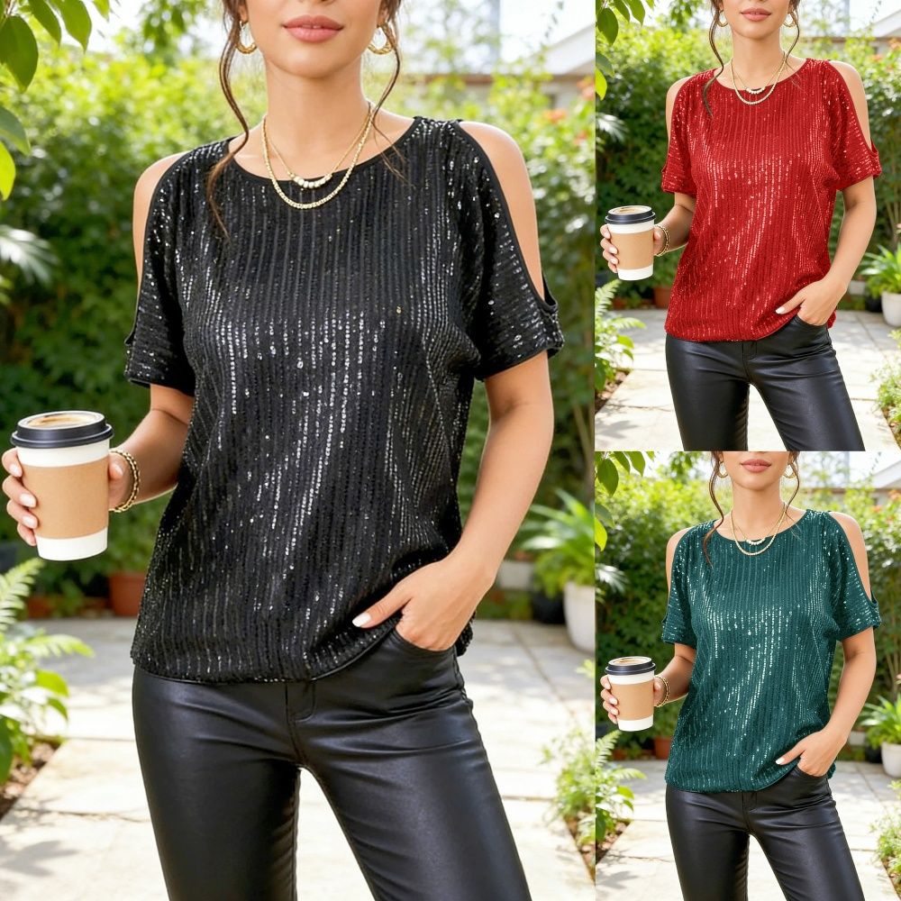 Womens Sexy Off Shoulder Crew Neck Short Sleeve Top