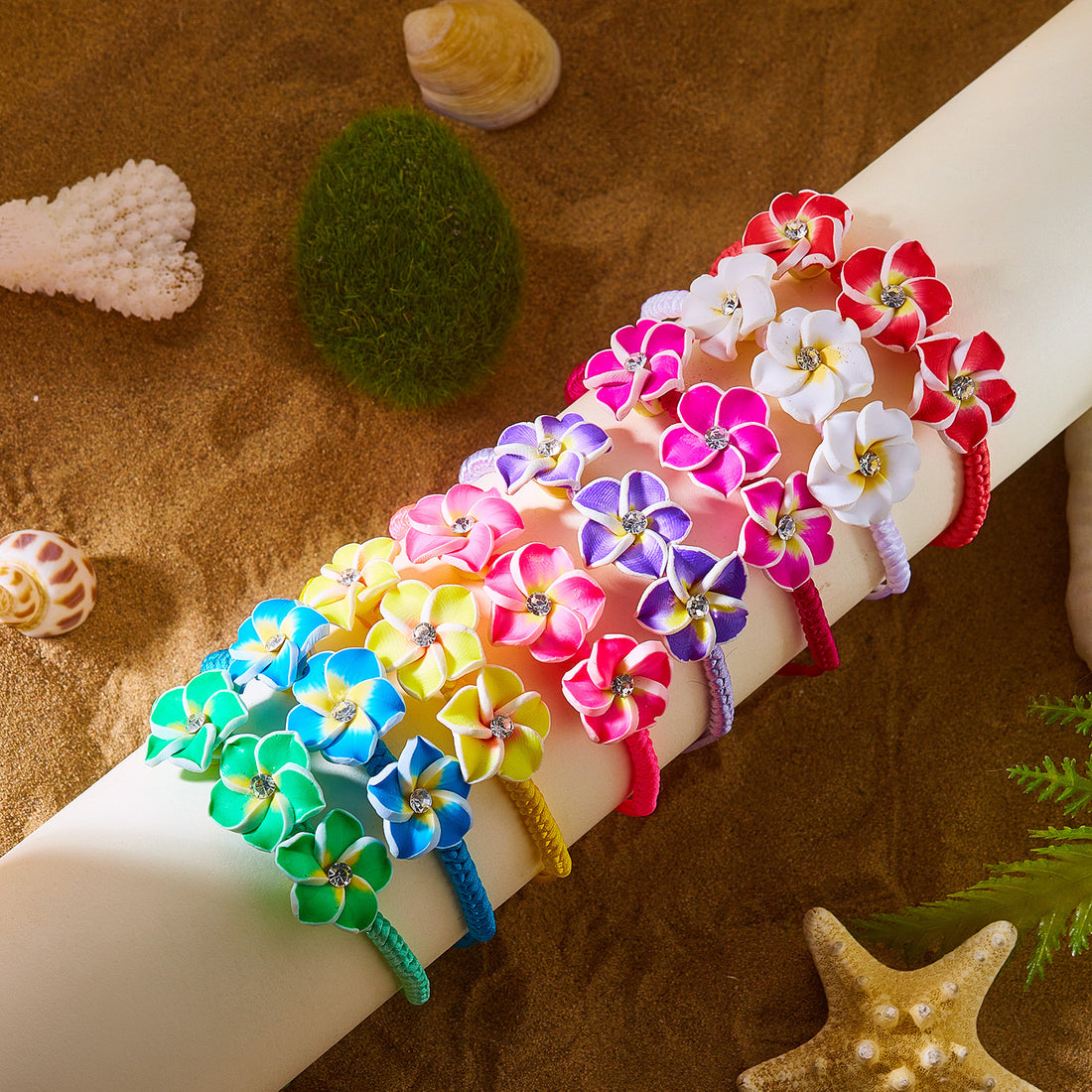 Colorful Polymer Clay Cute Frangipani Seed Bead Bracelet