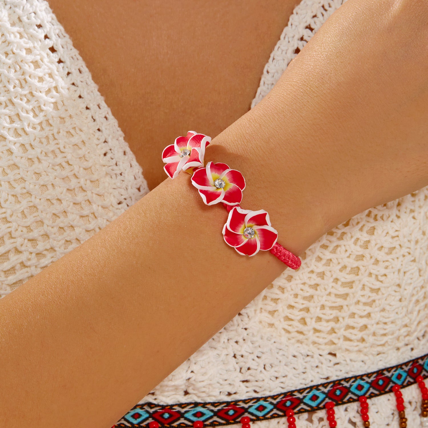Colorful Polymer Clay Cute Frangipani Seed Bead Bracelet