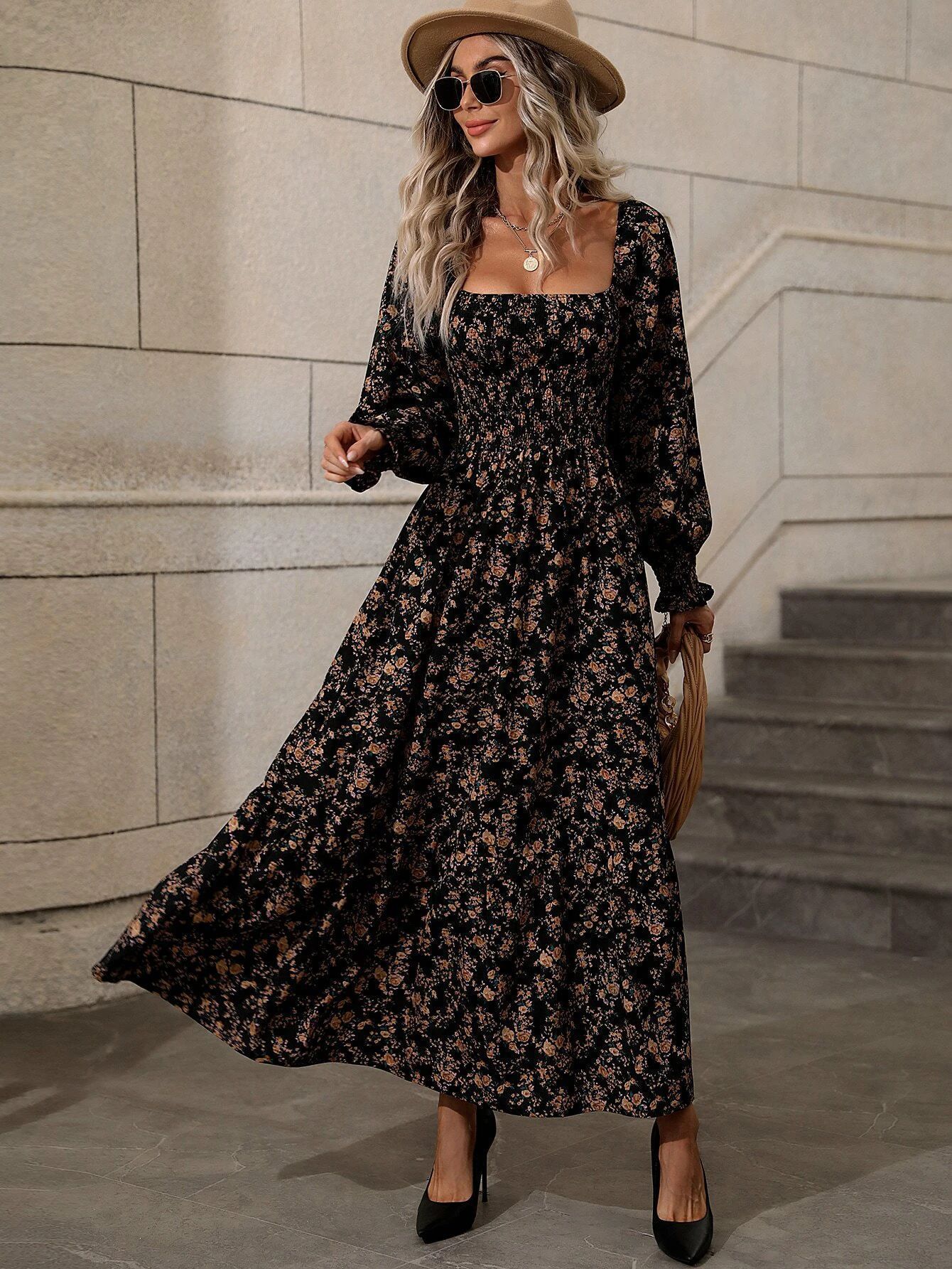 Womens Autumn Floral Square-Neck Long-Sleeve Dress