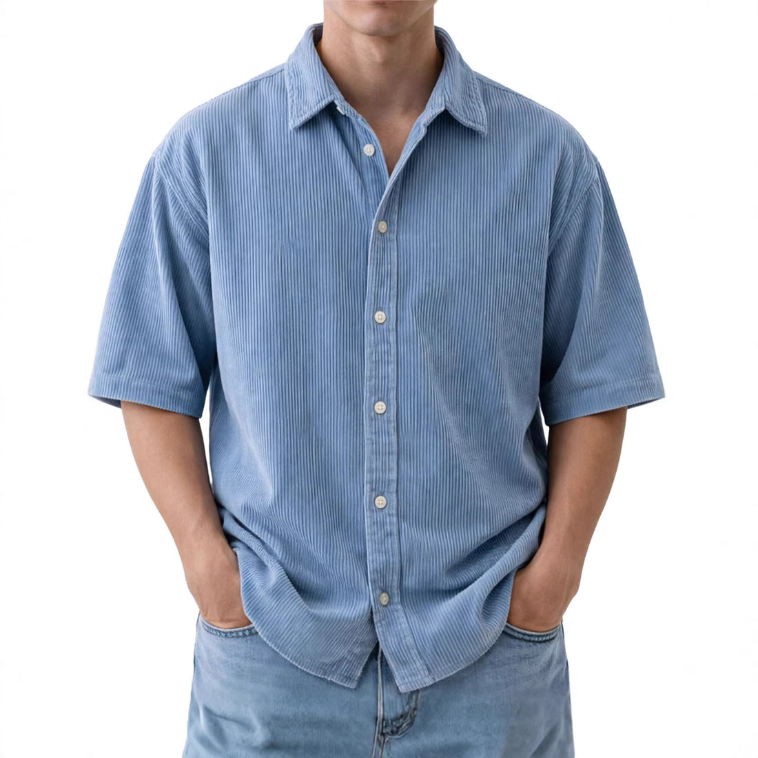 Mens Loose-Fit Solid-Color Corduroy Short-Sleeve Shirt
