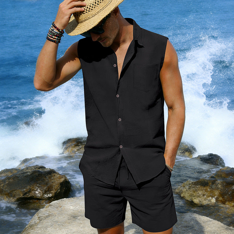 Mens Linen Sleeveless Shirt And Shorts Set