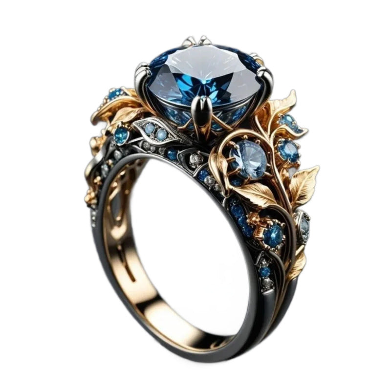 Fashionable Vintage Two-Tone Ring With Sapphire Inlay