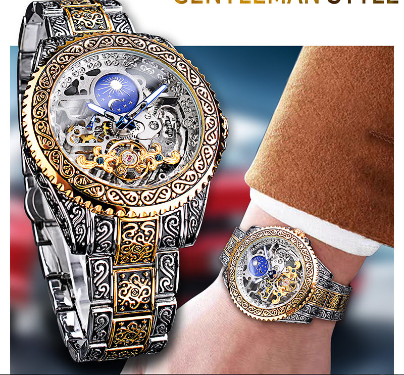 Forsining Skeleton Carved Tourbillon Mechanical Watches Luxury Men&