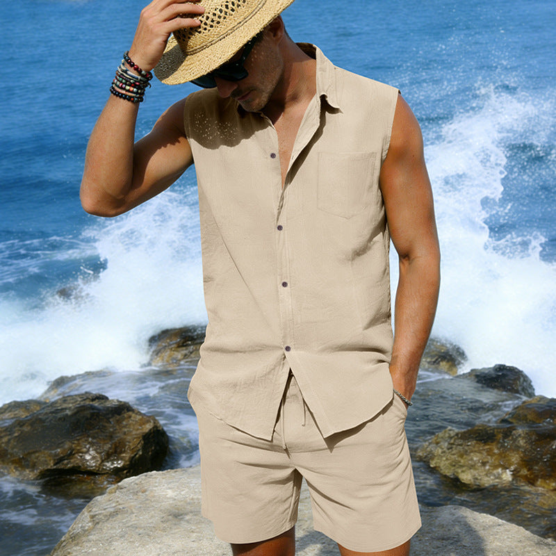 Mens Linen Sleeveless Shirt And Shorts Set
