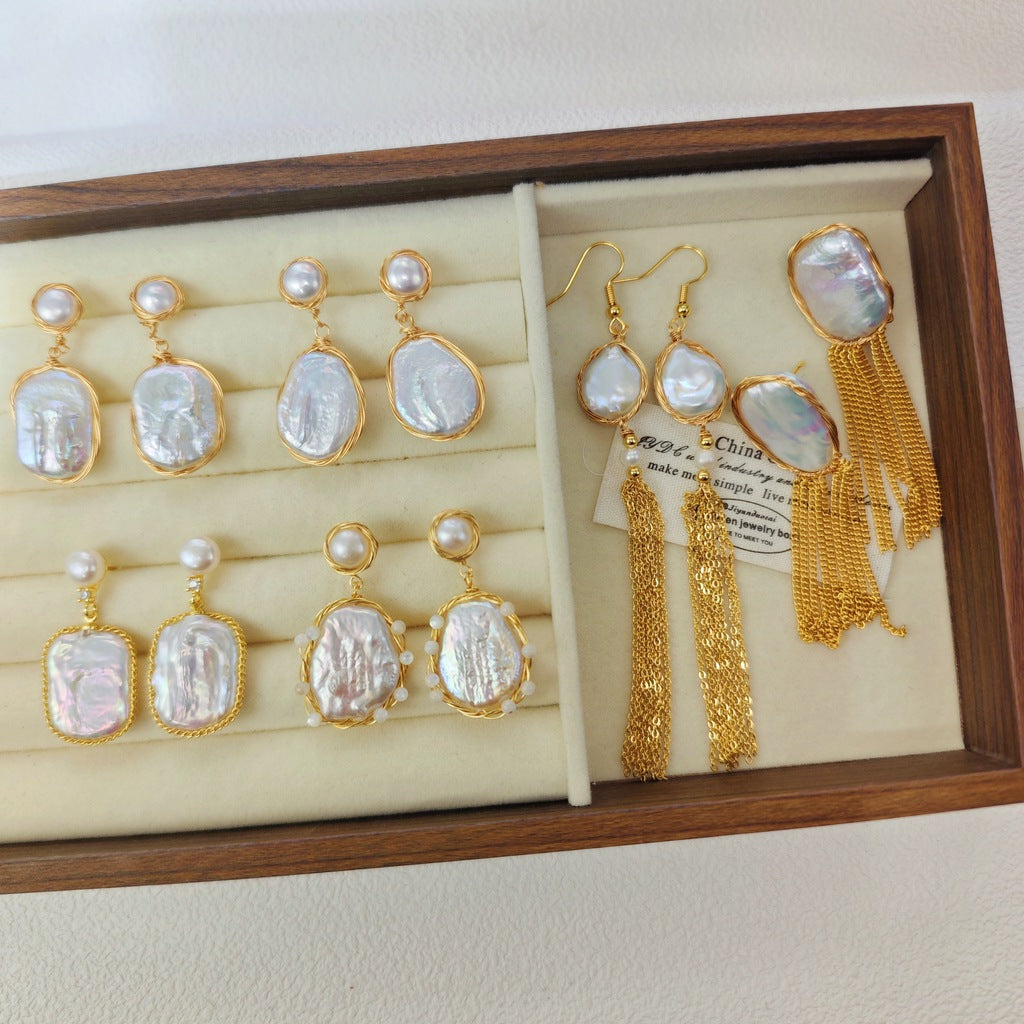 Natural Freshwater Baroque Pearl 18k Gold-Plated Wrapped Wire Statement Earrings