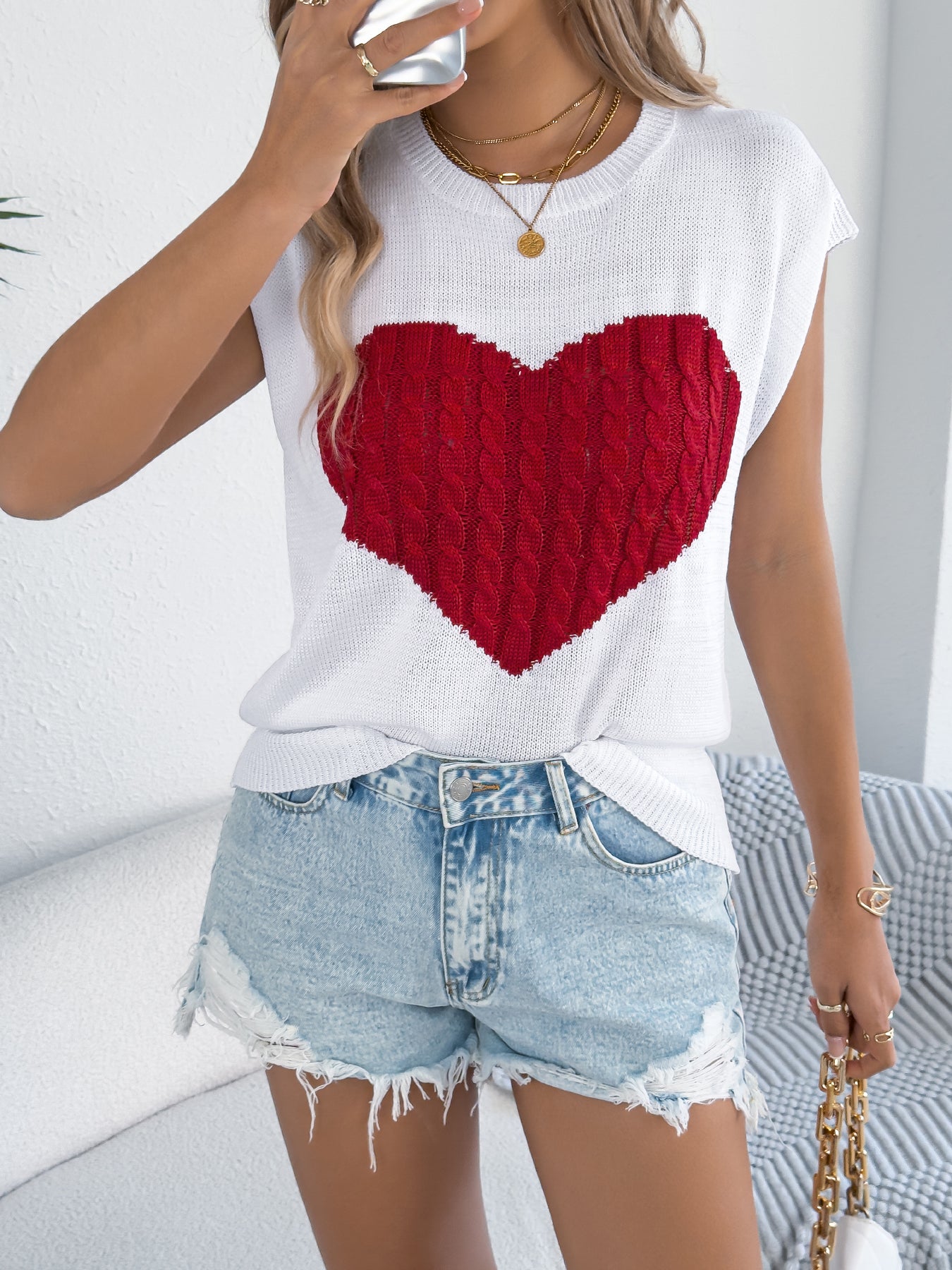 Women S Color Block Heart Loose Knit Valentine S Sweater Top