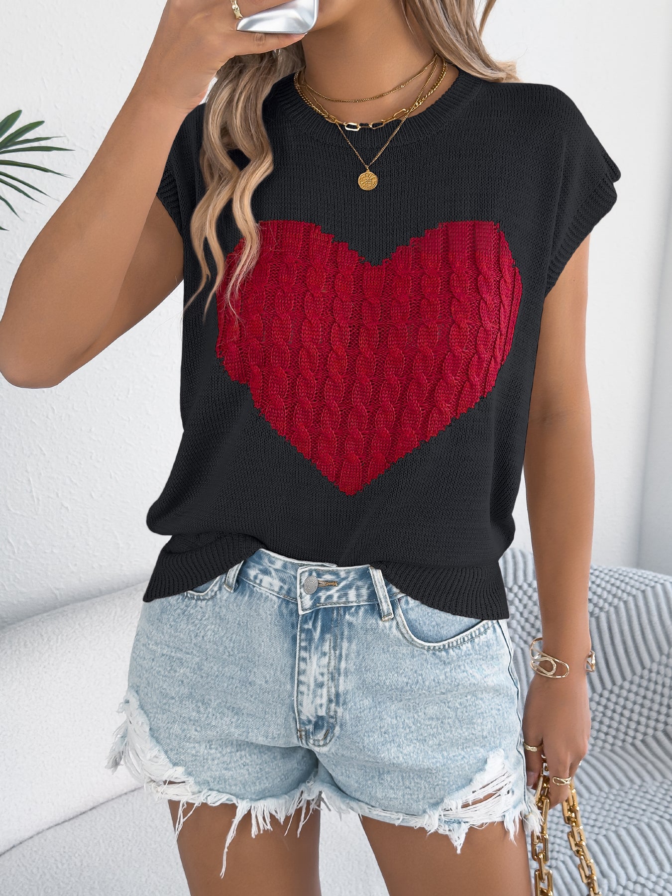 Women S Color Block Heart Loose Knit Valentine S Sweater Top