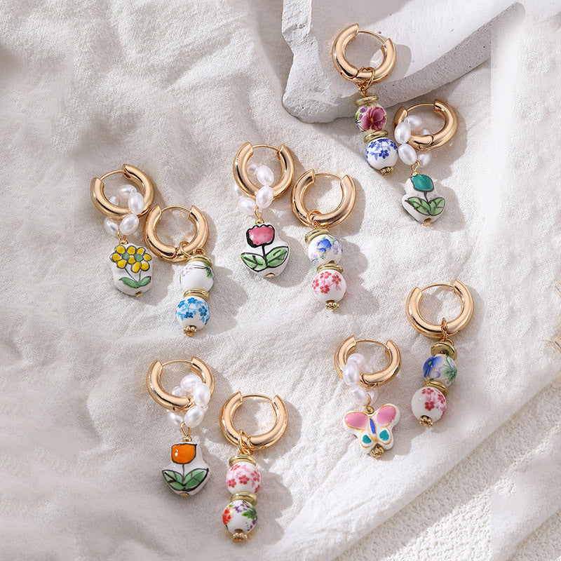 European And American Blue-and-White Porcelain Floral Pearl Earrings Sweet Womens Copper Ear Clips