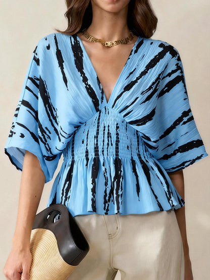 Womens Casual V-Neck Three-Quarter Sleeve Pullover With Digital Print T-Shirt