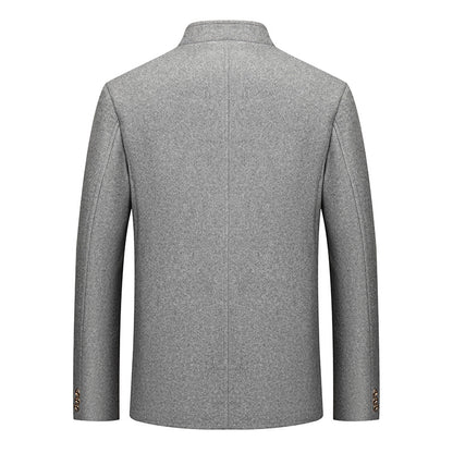 Mens Wool Tweed Zhongshan Suit With A Mandarin Collar For A Refined Tailored Look