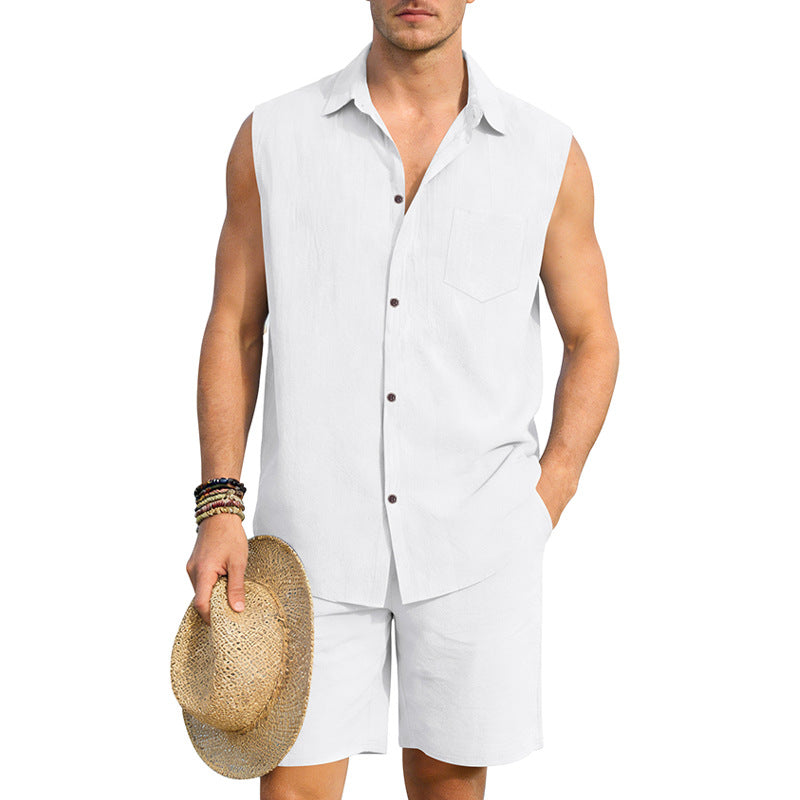 Mens Linen Sleeveless Shirt And Shorts Set