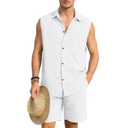 Mens Linen Sleeveless Shirt And Shorts Set