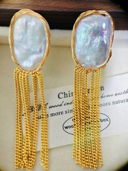 Natural Freshwater Baroque Pearl 18k Gold-Plated Wrapped Wire Statement Earrings