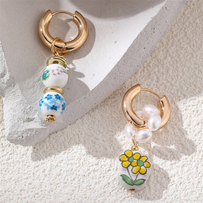 European And American Blue-and-White Porcelain Floral Pearl Earrings Sweet Womens Copper Ear Clips