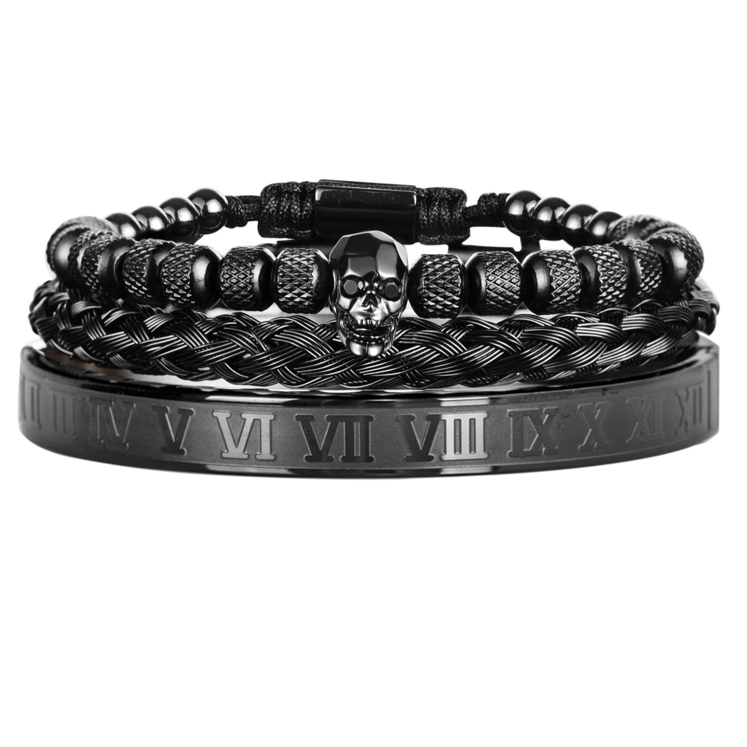 Cross-Section Ghost Head Braided Bracelet Set In Stainless Steel