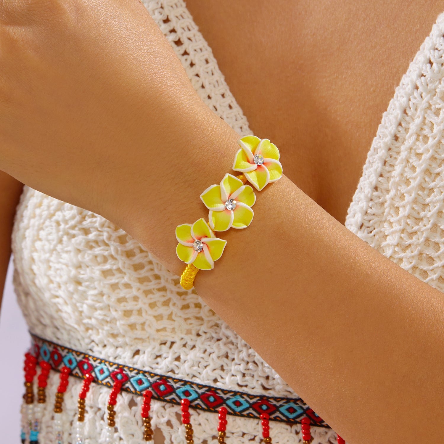 Colorful Polymer Clay Cute Frangipani Seed Bead Bracelet