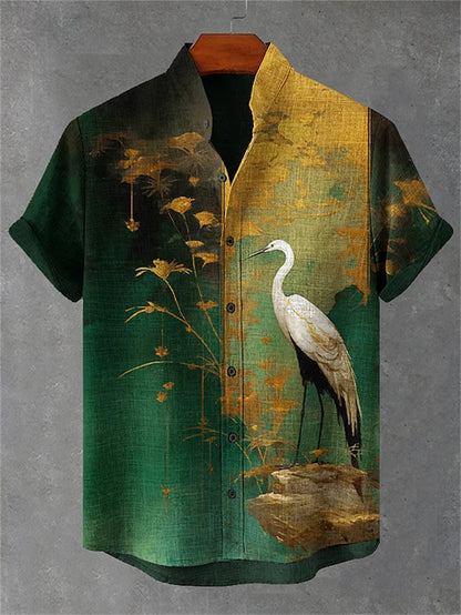 Mens Printed Short-Sleeve Stand-Up Collar Top