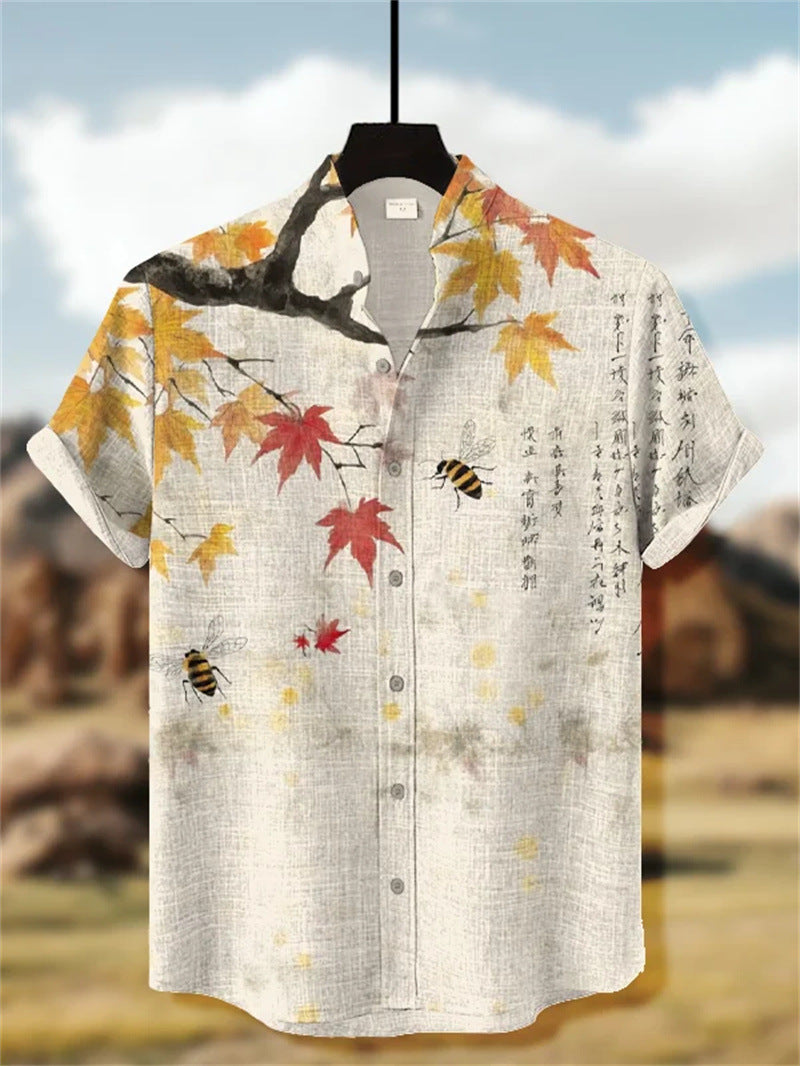 Mens Printed Short-Sleeve Stand-Up Collar Top