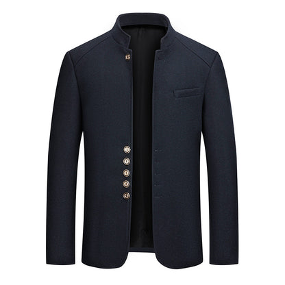 Mens Wool Tweed Zhongshan Suit With A Mandarin Collar For A Refined Tailored Look