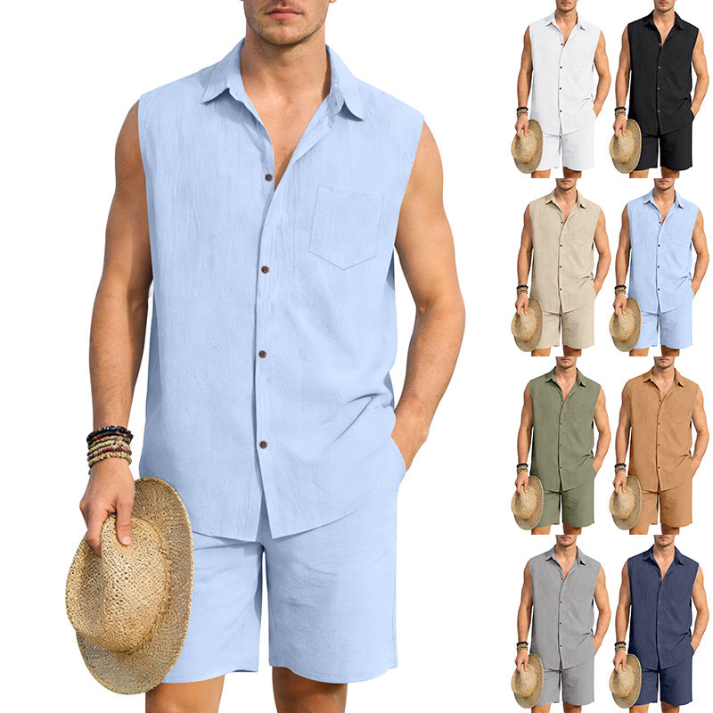 Mens Linen Sleeveless Shirt And Shorts Set