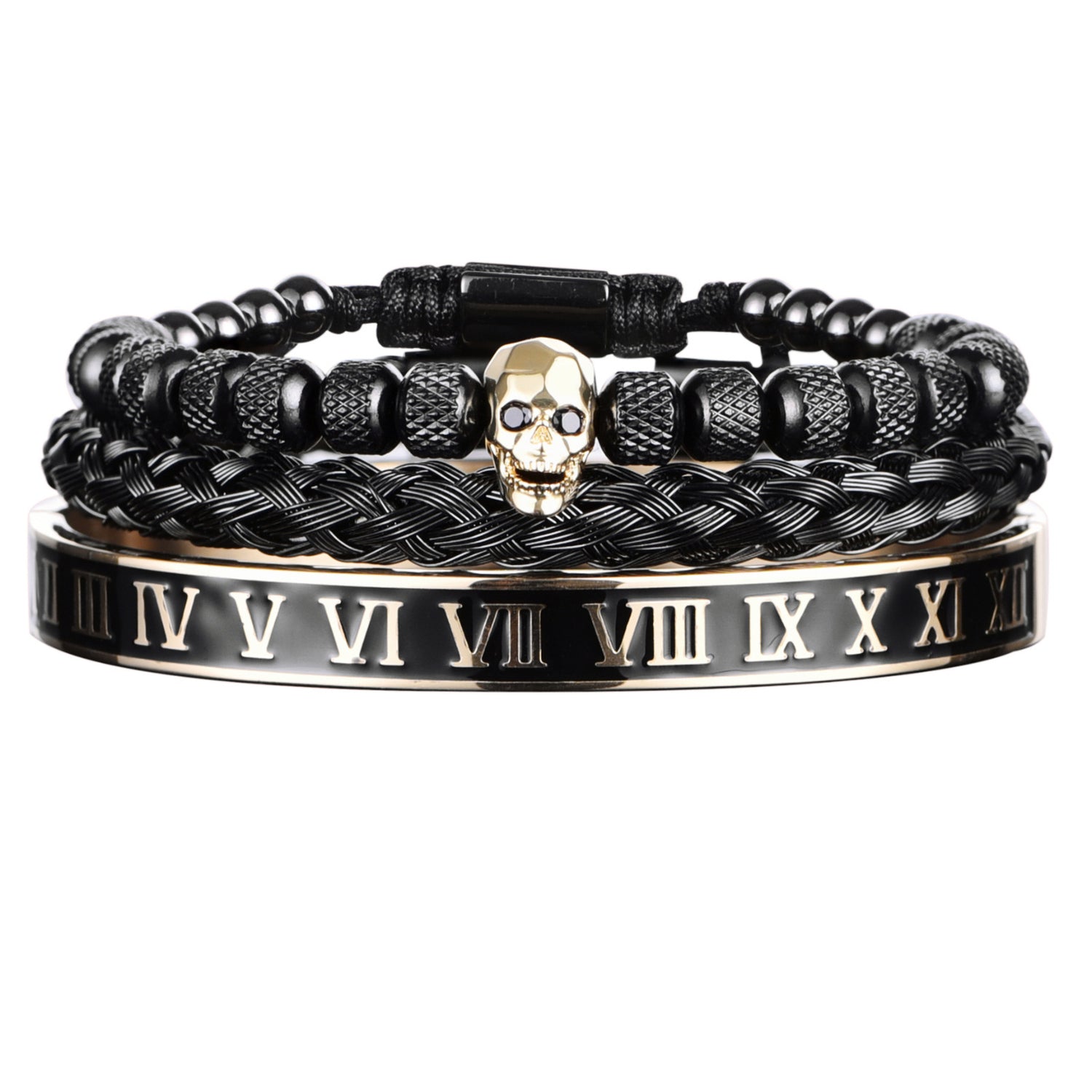 Cross-Section Ghost Head Braided Bracelet Set In Stainless Steel