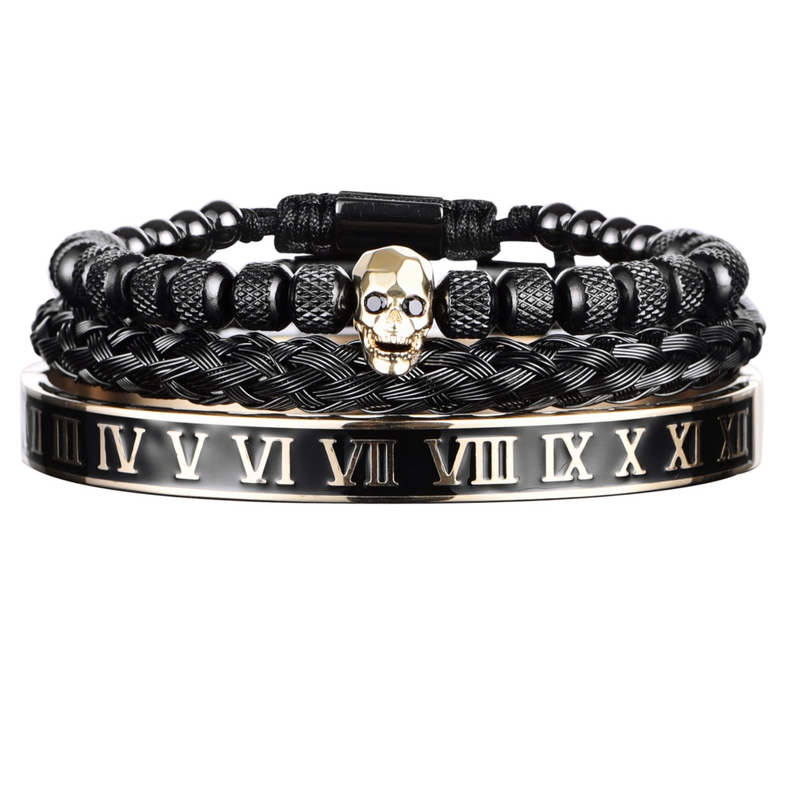 Cross-Section Ghost Head Braided Bracelet Set In Stainless Steel
