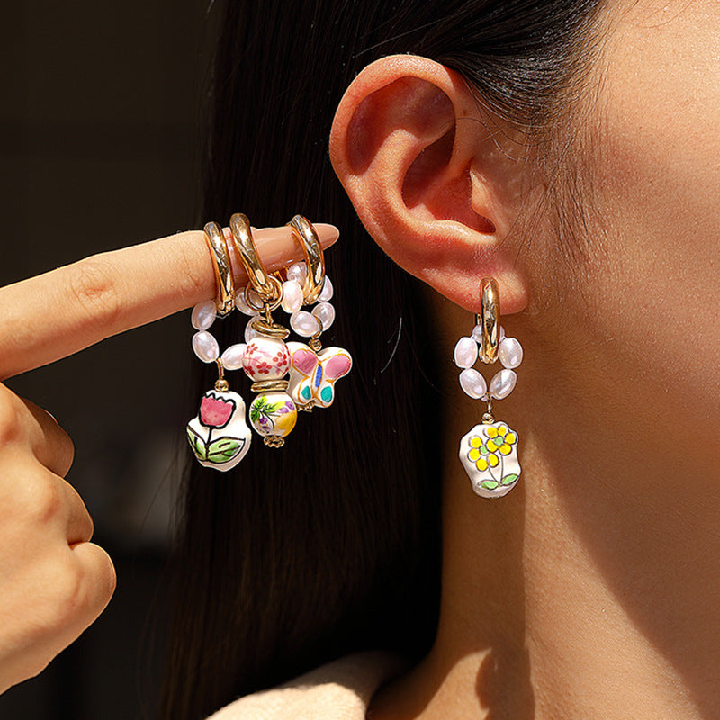 European And American Blue-and-White Porcelain Floral Pearl Earrings Sweet Womens Copper Ear Clips