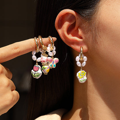European And American Blue-and-White Porcelain Floral Pearl Earrings Sweet Womens Copper Ear Clips