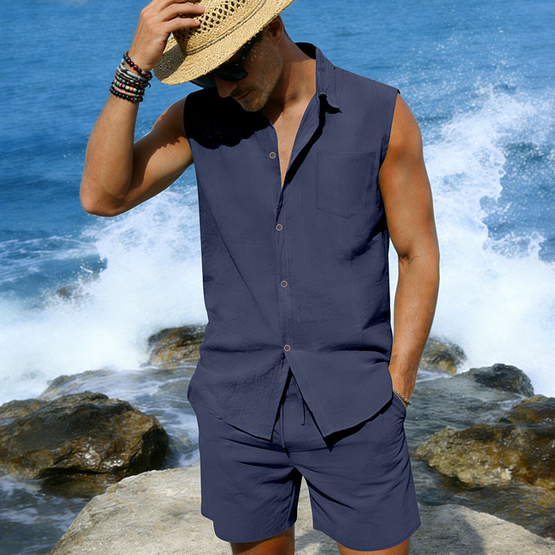 Mens Linen Sleeveless Shirt And Shorts Set