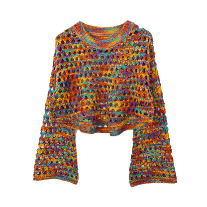 Iridescent Crew-neck Hollow-out Loose Cropped Top