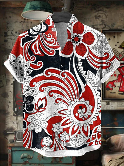 Mens Printed Short-Sleeve Stand-Up Collar Top