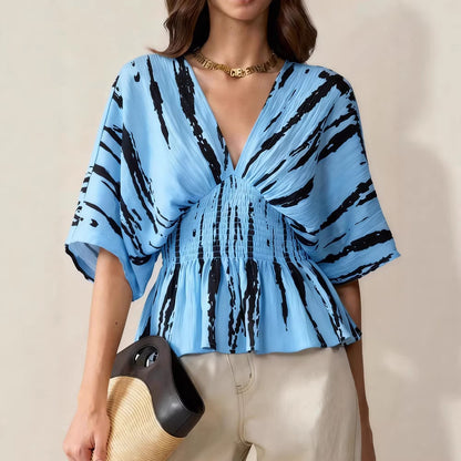 Womens Casual V-Neck Three-Quarter Sleeve Pullover With Digital Print T-Shirt