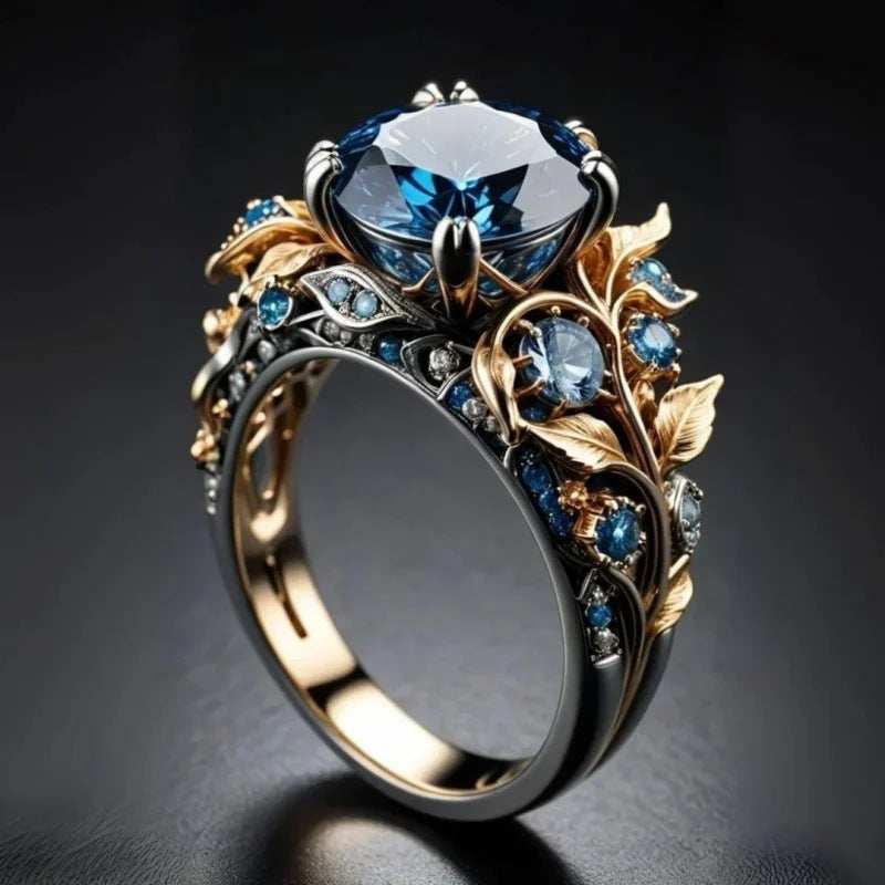 Fashionable Vintage Two-Tone Ring With Sapphire Inlay