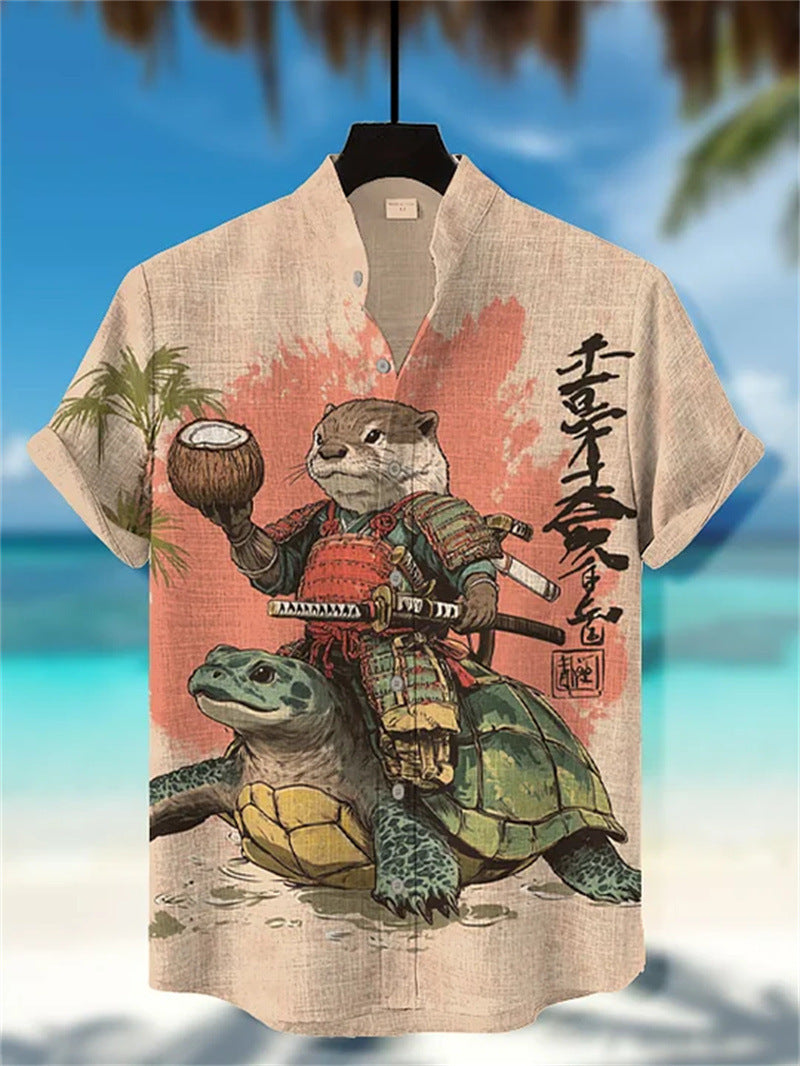 Mens Printed Short-Sleeve Stand-Up Collar Top