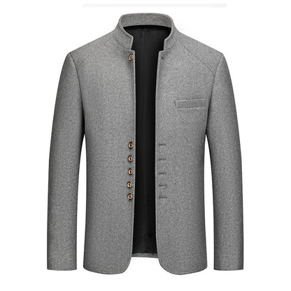Mens Wool Tweed Zhongshan Suit With A Mandarin Collar For A Refined Tailored Look