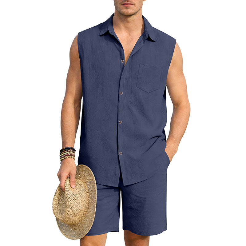 Mens Linen Sleeveless Shirt And Shorts Set