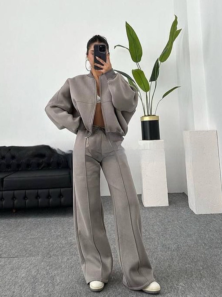 Womens Solid-Color Casual Sweatshirt Set