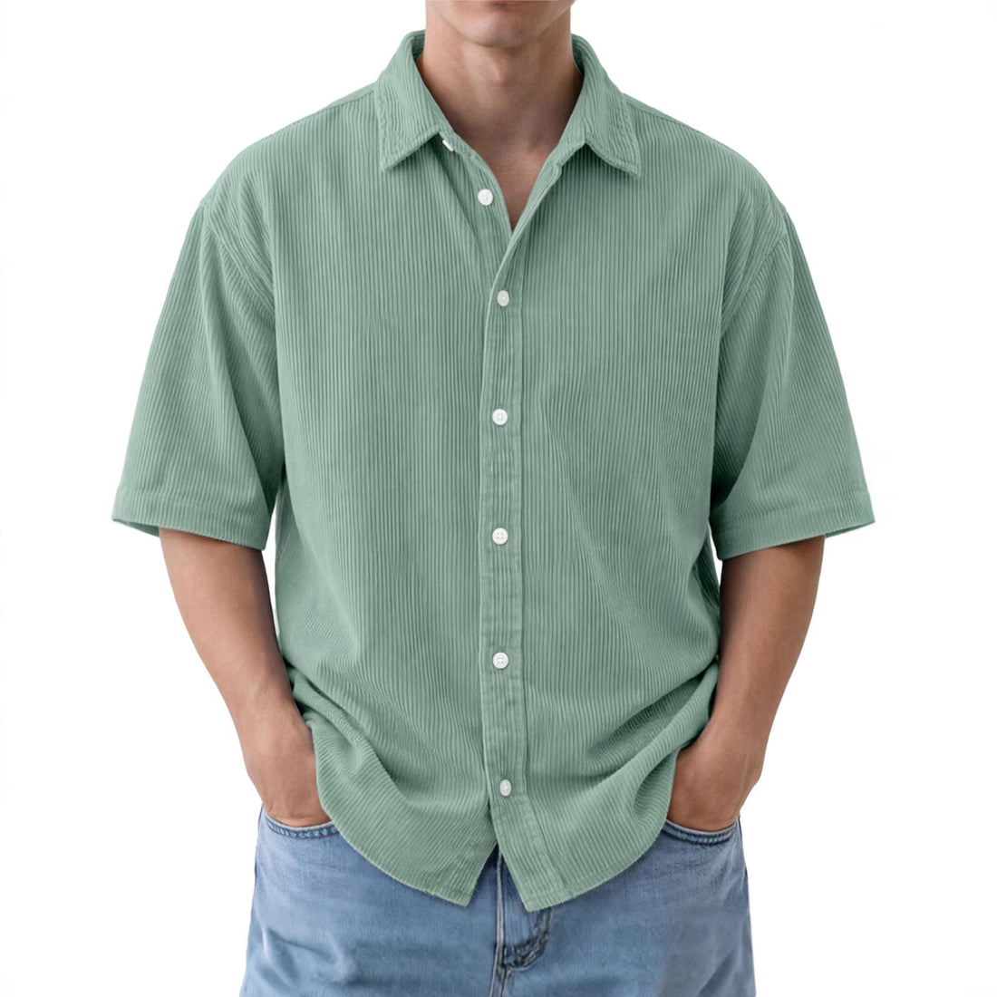 Mens Loose-Fit Solid-Color Corduroy Short-Sleeve Shirt