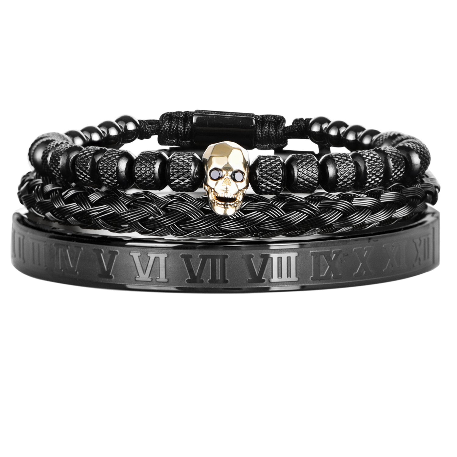 Cross-Section Ghost Head Braided Bracelet Set In Stainless Steel