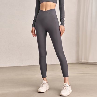 High Waist Hip Lift With Pocket Sports Yoga Pants Belly Contracting Running Quick-drying Tight Cross Waist Head Workout Bottoms