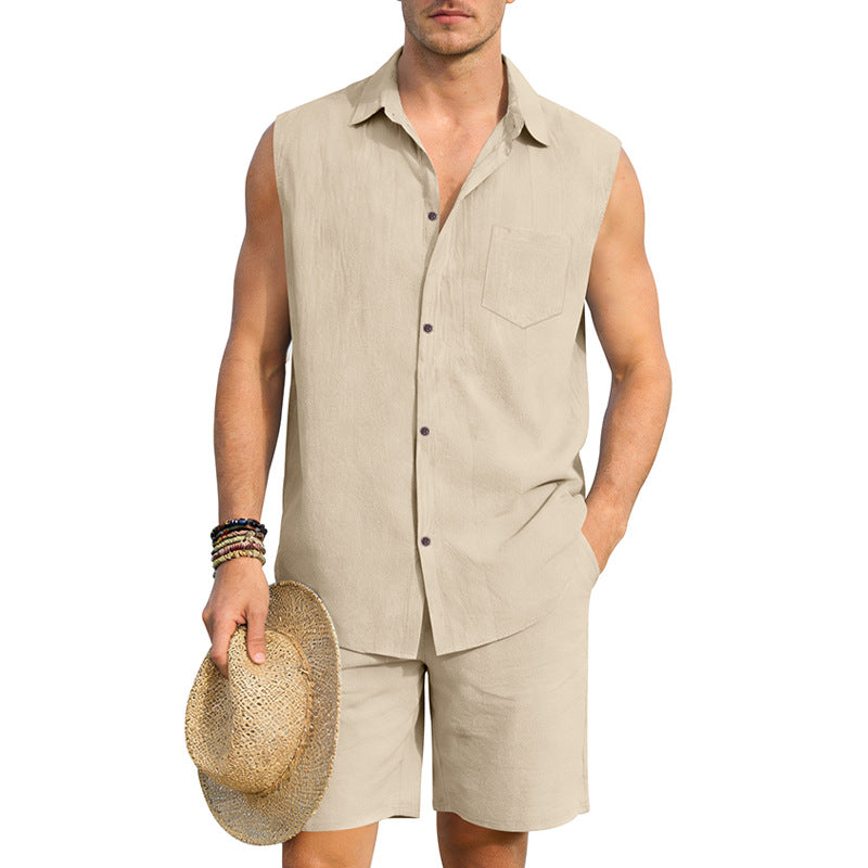 Mens Linen Sleeveless Shirt And Shorts Set