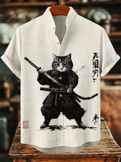 Mens Printed Short-Sleeve Stand-Up Collar Top